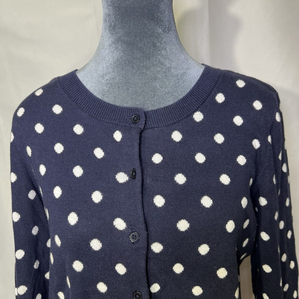 Talbots Petites Blue Button Front 3/4 Sleeve Polka Dot Knit Cardigan Sweater M - Picture 2 of 11